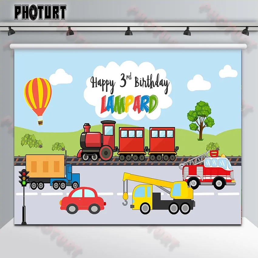 

PHOTURT Cartoon Train Cars Photography Backdrop Boy 3rd Birthday Party Background Photo Studio Track Vinyl Photo Banner Props