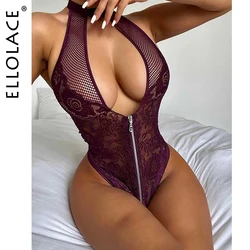 Ellolace Bodysuit Lace Overalls For Women Fitness Body Deep-V Lingerie Bodysuit Halter Tops For Women Summer Sexy Mesh Bodysuit