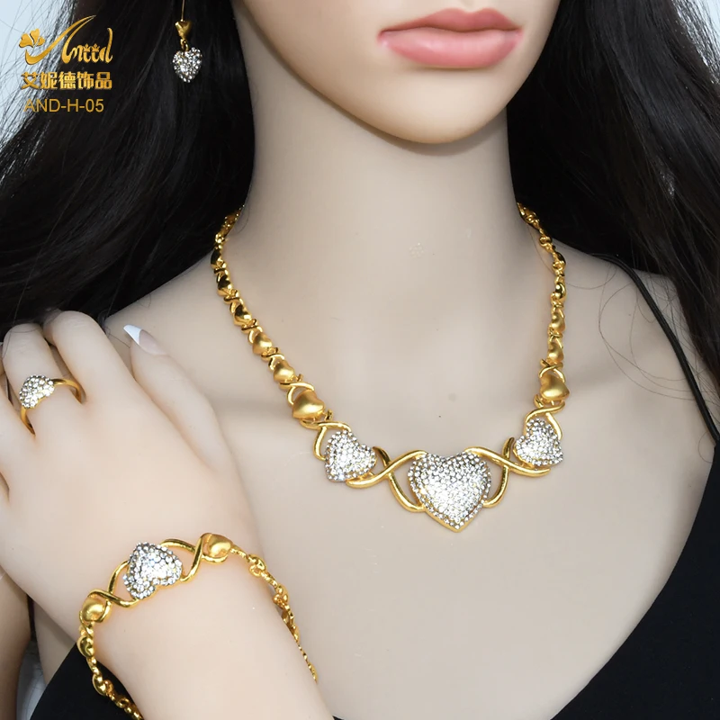 ANIID XOXO Women Gold Plated Jewelery Set Heart Necklace African Wedding Bangles Ethiopia Dubai Morocco Nigerian Luxury Bridal