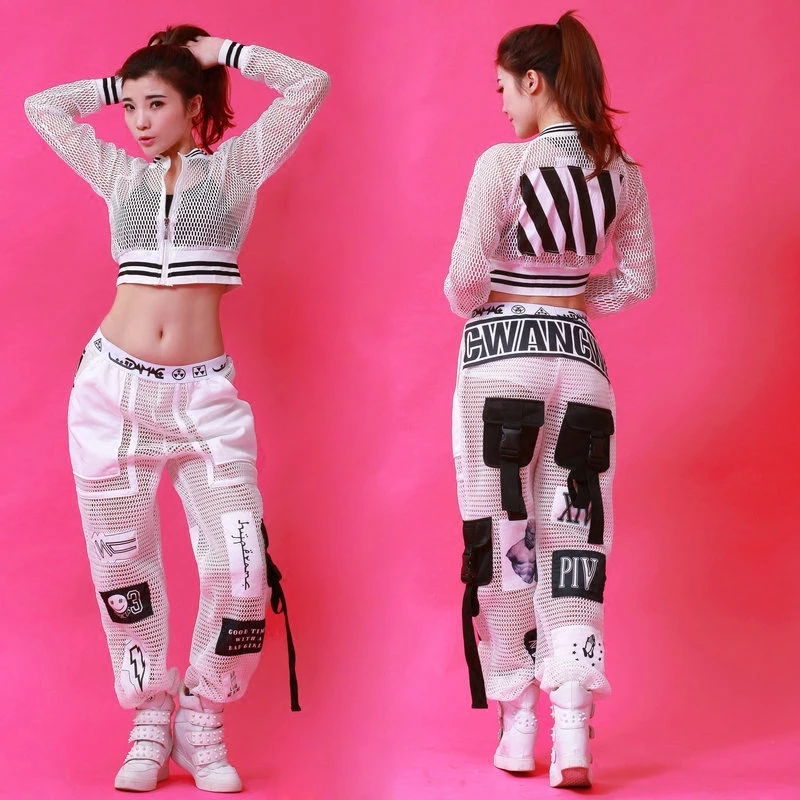 Kostiumy do tańca jazzowego moda seksowna siatka spodnie odzież Hip hopowa dla dorosłych taniec uliczny spodnie klub nocny nowoczesny strój sceniczny