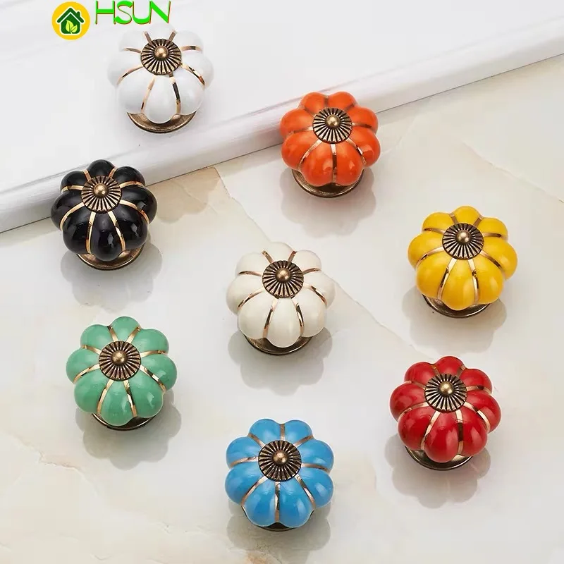 Cartoon Pumpkin Shape Drawer Dresser Knob Ceramic For Children Room Home Red Blue Green Black White Yellow Orange