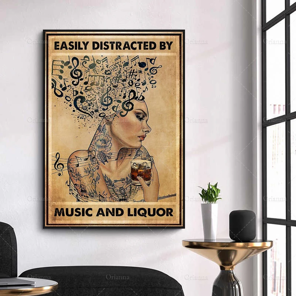 Music Poster, Easily Distracted by Music and Liquor Poster, Vinyl poster, Girl Wall Print, Wall Decoration,Modern Home Decor