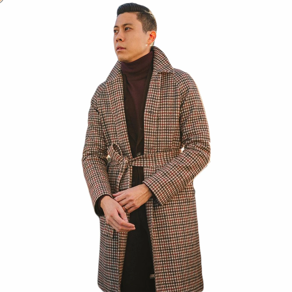 

Plaid Men's Woolen Overcoat England Style Singal Breasted Thick Loose Mid-Length Warm Casual Trench Winter Coat Male Jacket