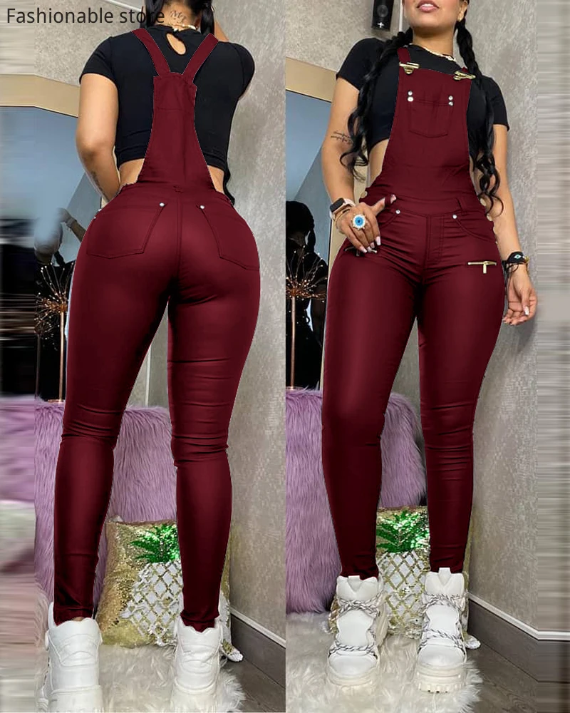 Women PU Buckled Zipper Design Suspender Jumpsuit  Thick Strap Pocket PU Pockets Romper Outfits