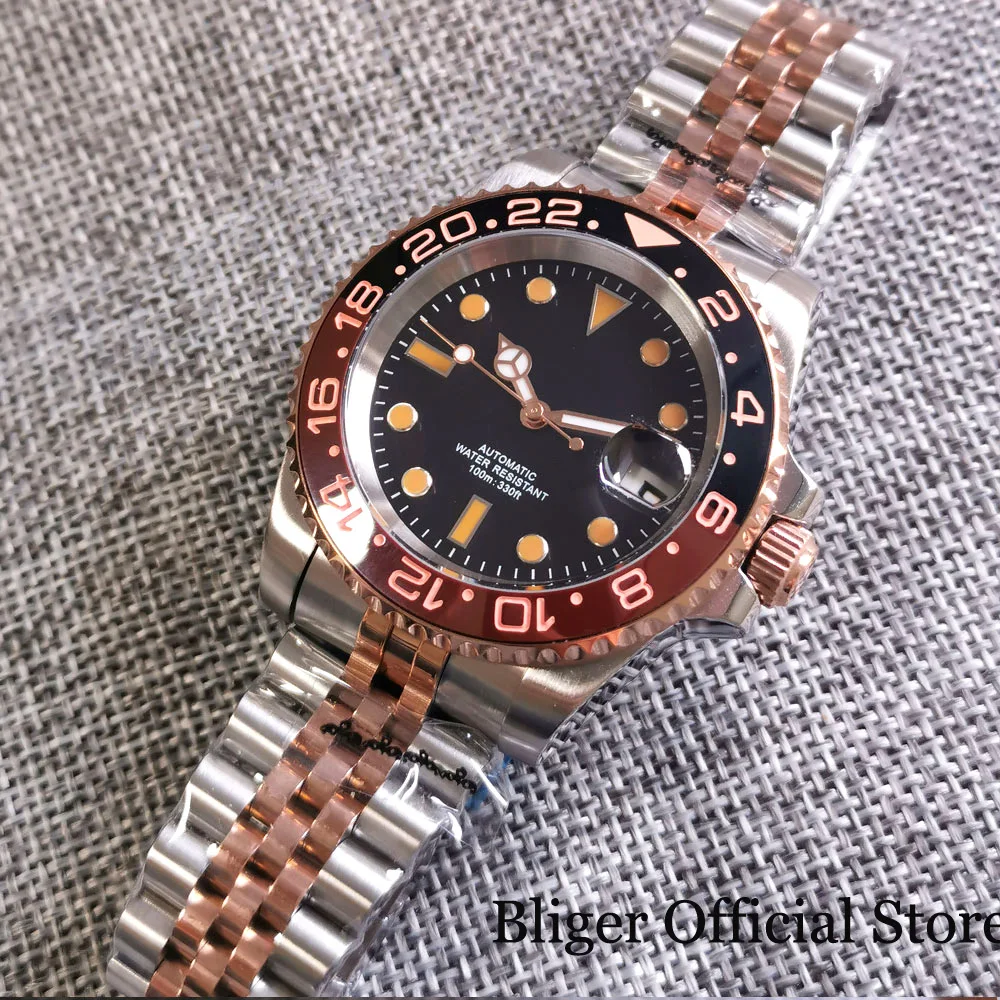 BLIGER Fashion 100M Waterproof NH35A PT5000 Two Tone Rose Gold Automatic Men Watch Jubilee Bracelet Root Beer Ceramic Insert