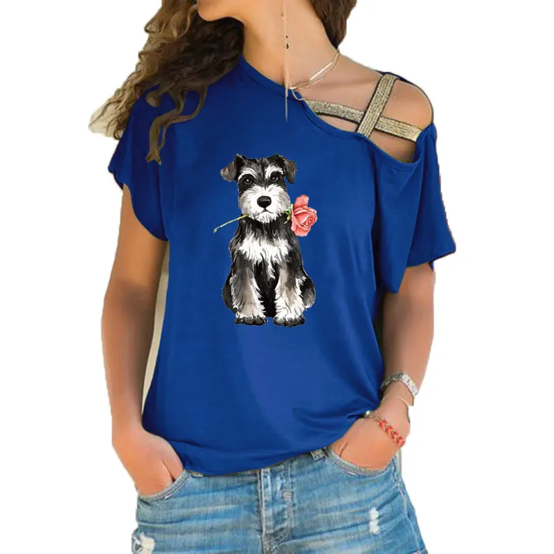 New Summer Cute Rose Mini Schnauzer stampa divertente Teeshirt donna manica corta sciolto irregolare obliquo croce fasciatura top Tee