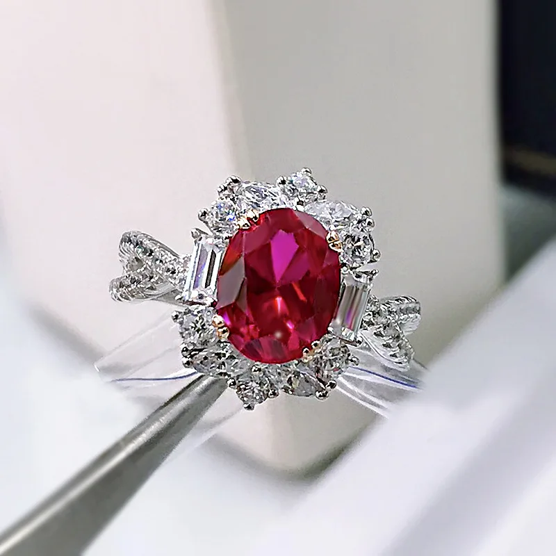 Luxury Real 925 Sterling Silver Created Moissanite 7*9mm Ruby Elegant Queen Design Engagement Ring For Women Bridal Fine Jewelry