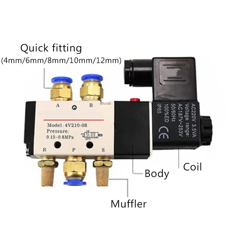 Pneumatic Electric Solenoid Valve 5 Way 2 Position Control Air Gas Magnetic Valve 12V 24V 220V Coil Volt 4mm-12mm Hose Fittings