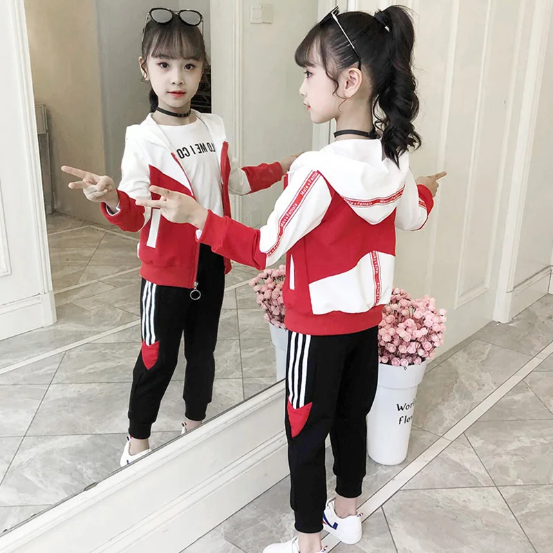 Hot Sale Girls Fashion Spliced Clothing Set 3 Pcs Children's Color Blocking Clothes Big Kids Hooded coat + T-shirt + Pants P280