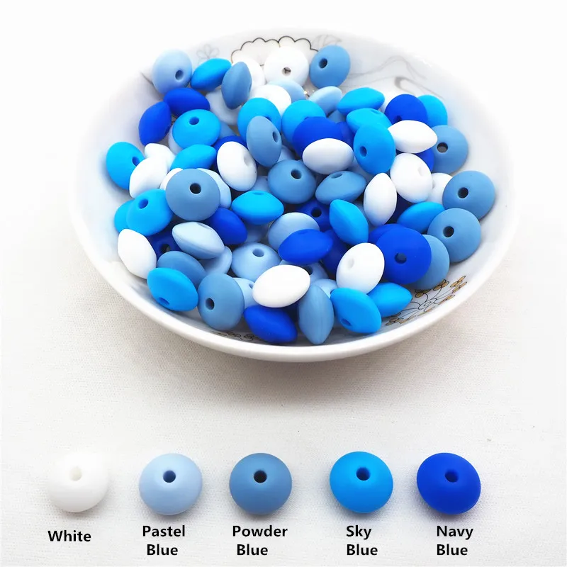 

Chenkai 100pcs 12x7mm BPA Free Silicone Lentil Beads DIY Baby Abacus Teether Pendant Pacifier Jewelry Making Parts Blue Series