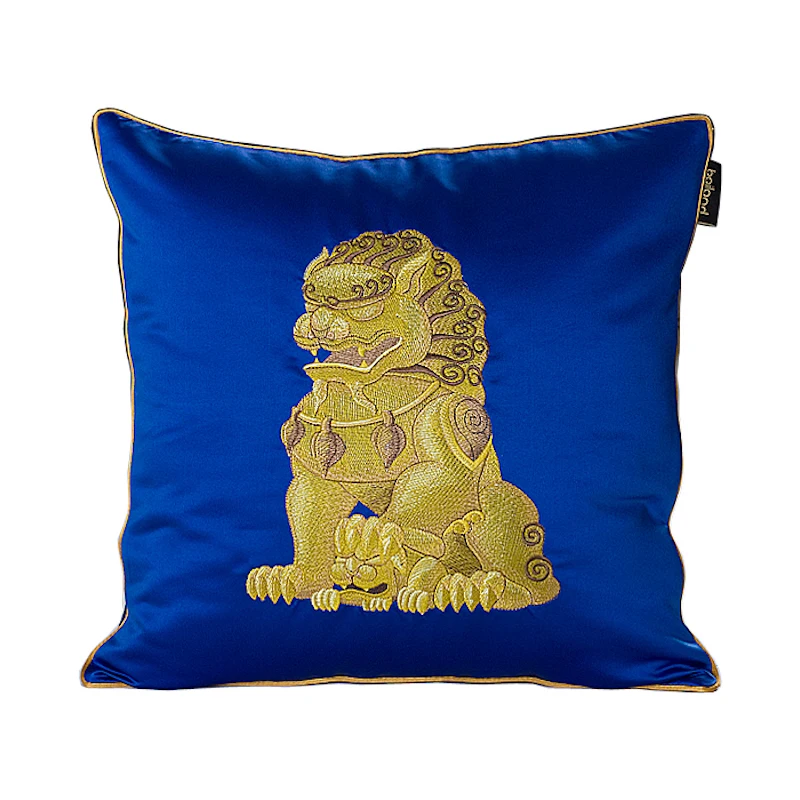 DUNXDECO Luxury Chinese Traditional Lion Cushion Cover Decorative Pillow Modern Artistic Blue Red Color Sofa Chair Bed Coussin