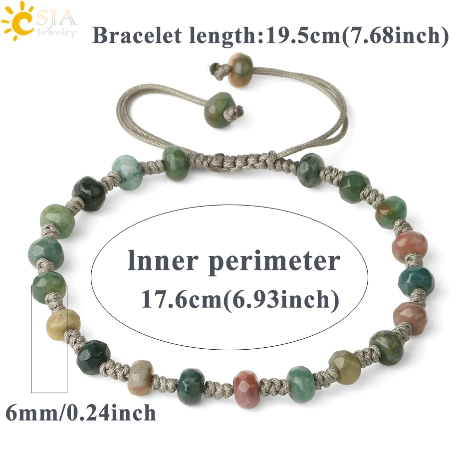 CSJA Natural Stone Braided Bracelets Faceted Round Bead 6mm Crystal Quartz Gray Weaving Rope Women Bracelet Healing Jewelry G453