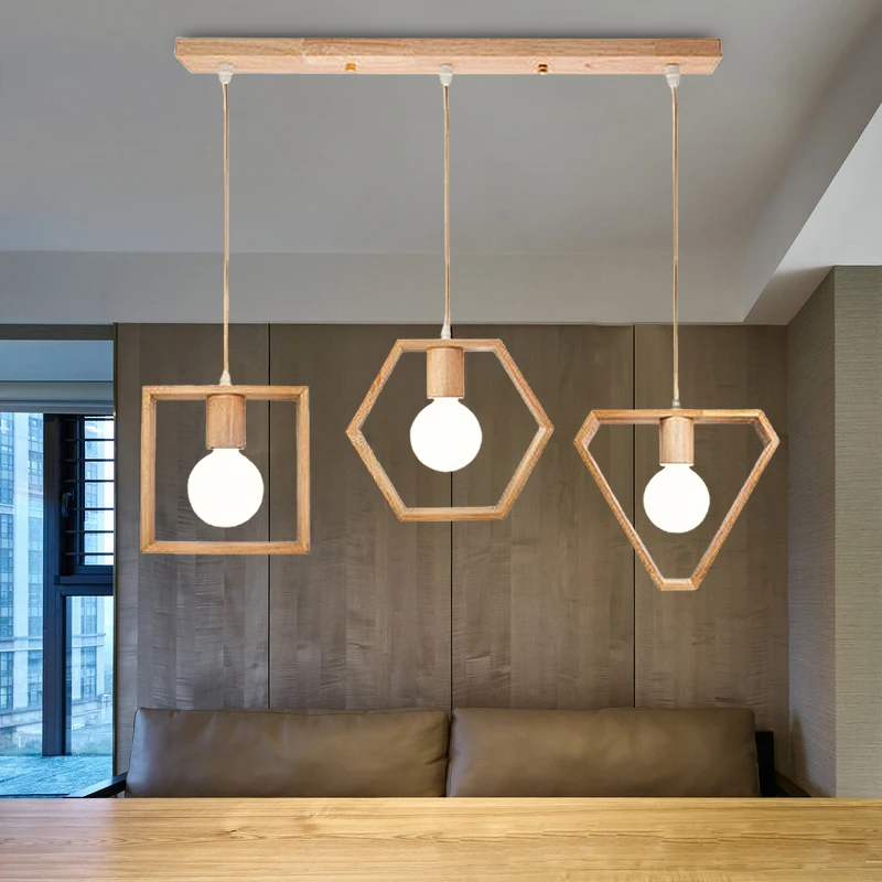 

3 Heads Pendant Light Modern Geometry Wooden Hanging Lamp for Restaurant Living Room Kitchen Lighting Fixture