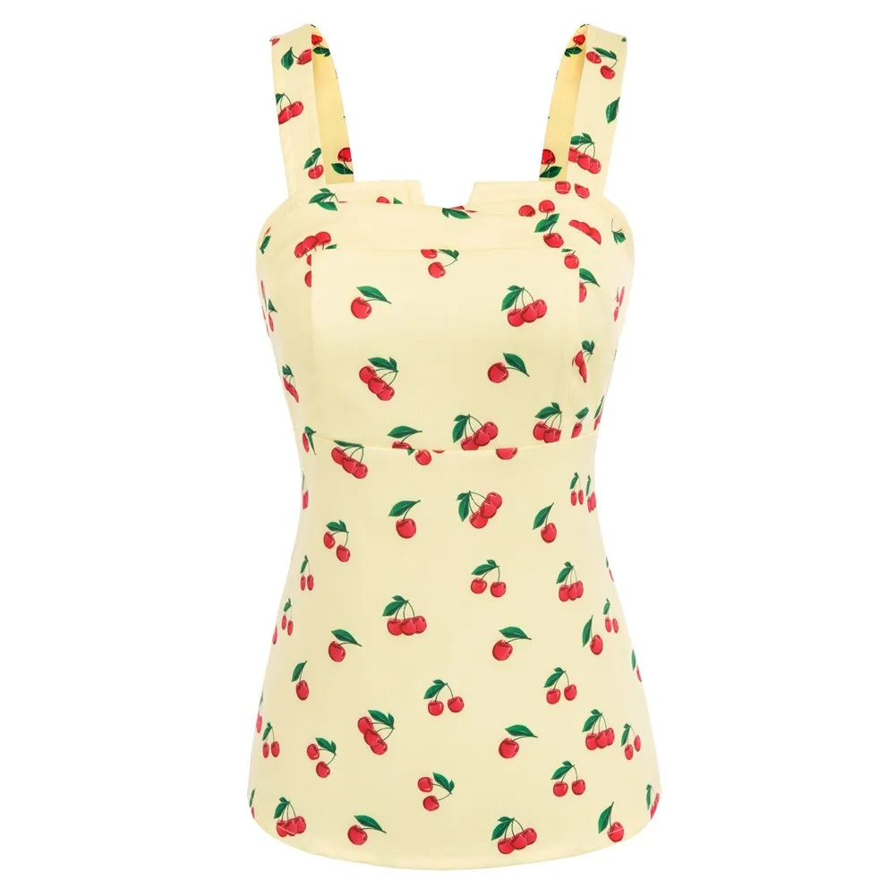 BP Women 1950S Vintage Cherries Print Tops Wide Straps Smocked Back Slim Fit Tank Top 1950s Pin Up Style Summer Blouse A20