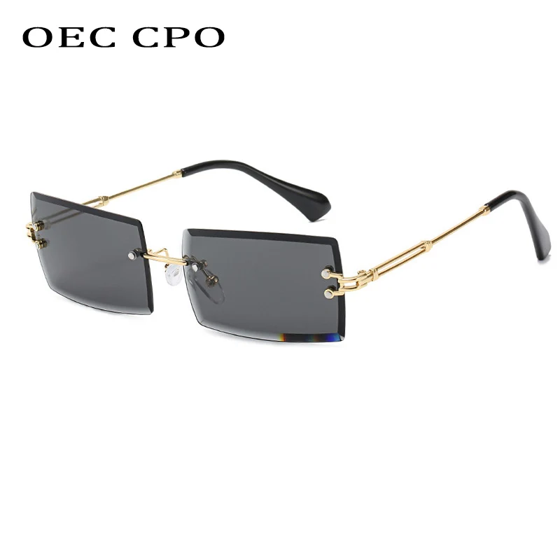 

OEC CPO Rimless Sunglasses Women Small Rectangle Sun glasses For Ladies Brand Fashion Style Female uv400 Black Gray Pink O636