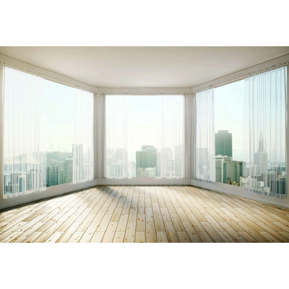 Laeacco Interior Scene French Window Wooden Floor City View Background Portrait Decor Vinyl Photography Backdrop Photo Studio