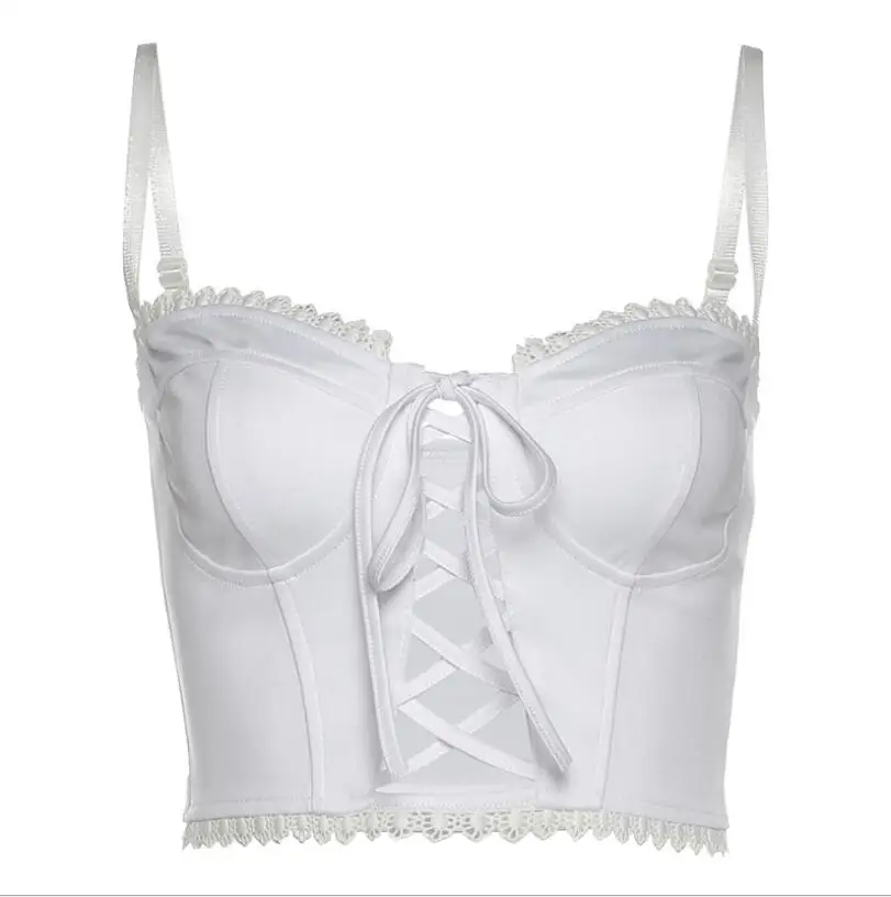 

Women Y2K Lace-Up White Tank Crop Top Bustier Corset Sexy Adjustable Straps Chest Binder Fashion Sweet Camisole p1356