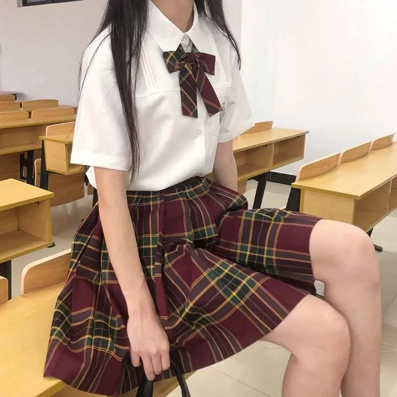 [Hawthorn] JK School Uniform Summer Red Plaid Skirts For Girls Short/Long High Waist Pleated Skirts Women Dress Students Clothes