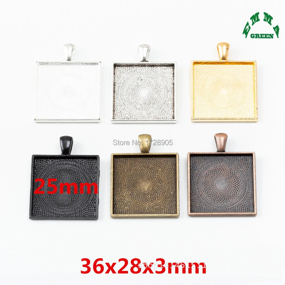 Pendant Settings Blank Cameo Setting Cabochons Tray for DIY Jewelry 10pcs Antique Inner 25mm Square settings Charm Settings