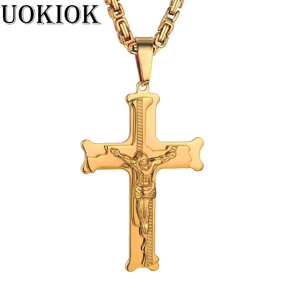 Fashion Byzantine Chain,Christ Cross Stainless Steel Long Necklace for Men Gold Color Statement Necklace Jewelry collares largos
