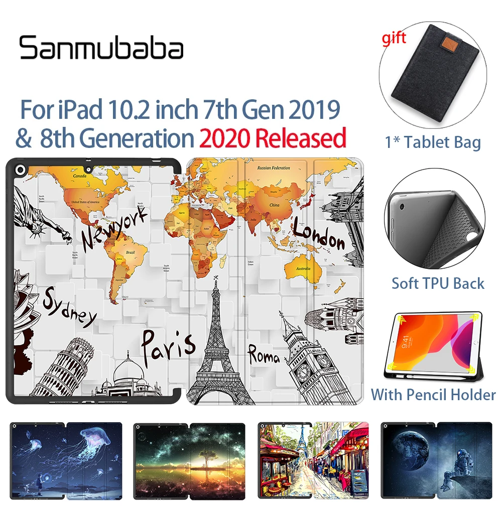 Sanmubaba Case For iPad 10.2 7th 8th Generation Tablet 2020 Soft TPU+PU Leather Folio Flip Stand Funda coque With Pencil Holder