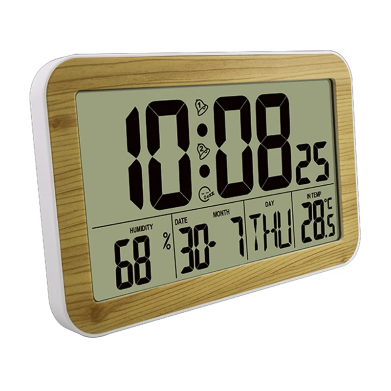 K1KA Commercial Digital Wall Clock with 8 Languages Optional Temperature & Humidity Meter Dual Alarm Clock Home Office Use