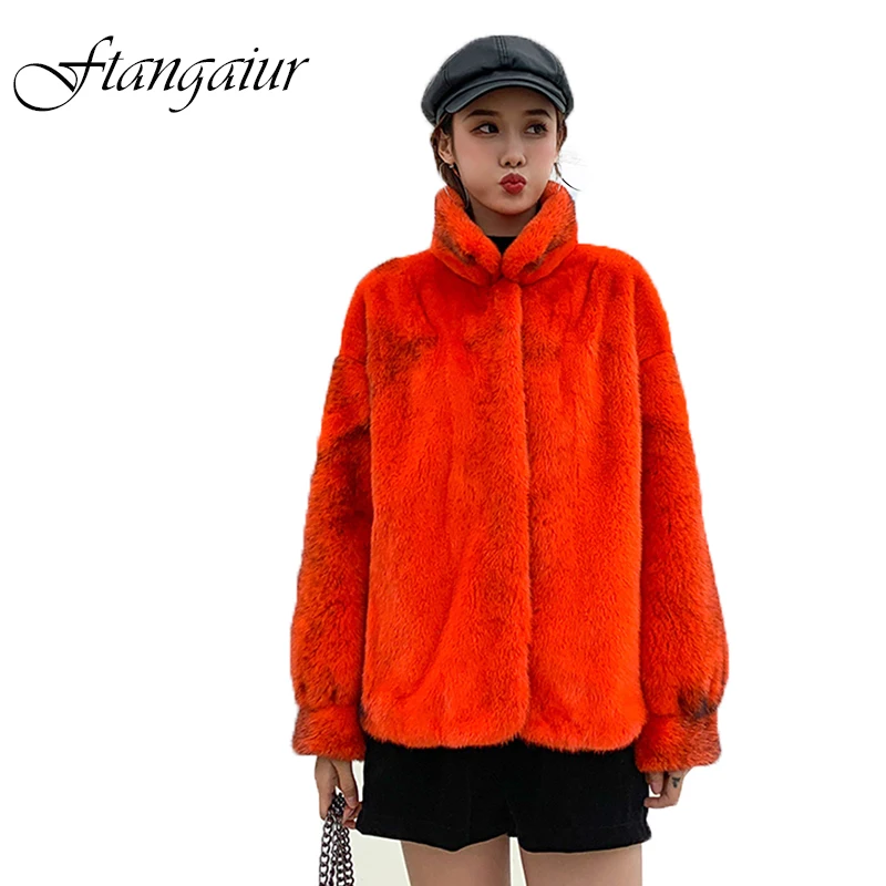 Ftangaiur New  Winter Import Velvet Mink Fur Coat Women Full Sleeve Turn-Down Collar Light Color Natural Real Mink Fur Coats