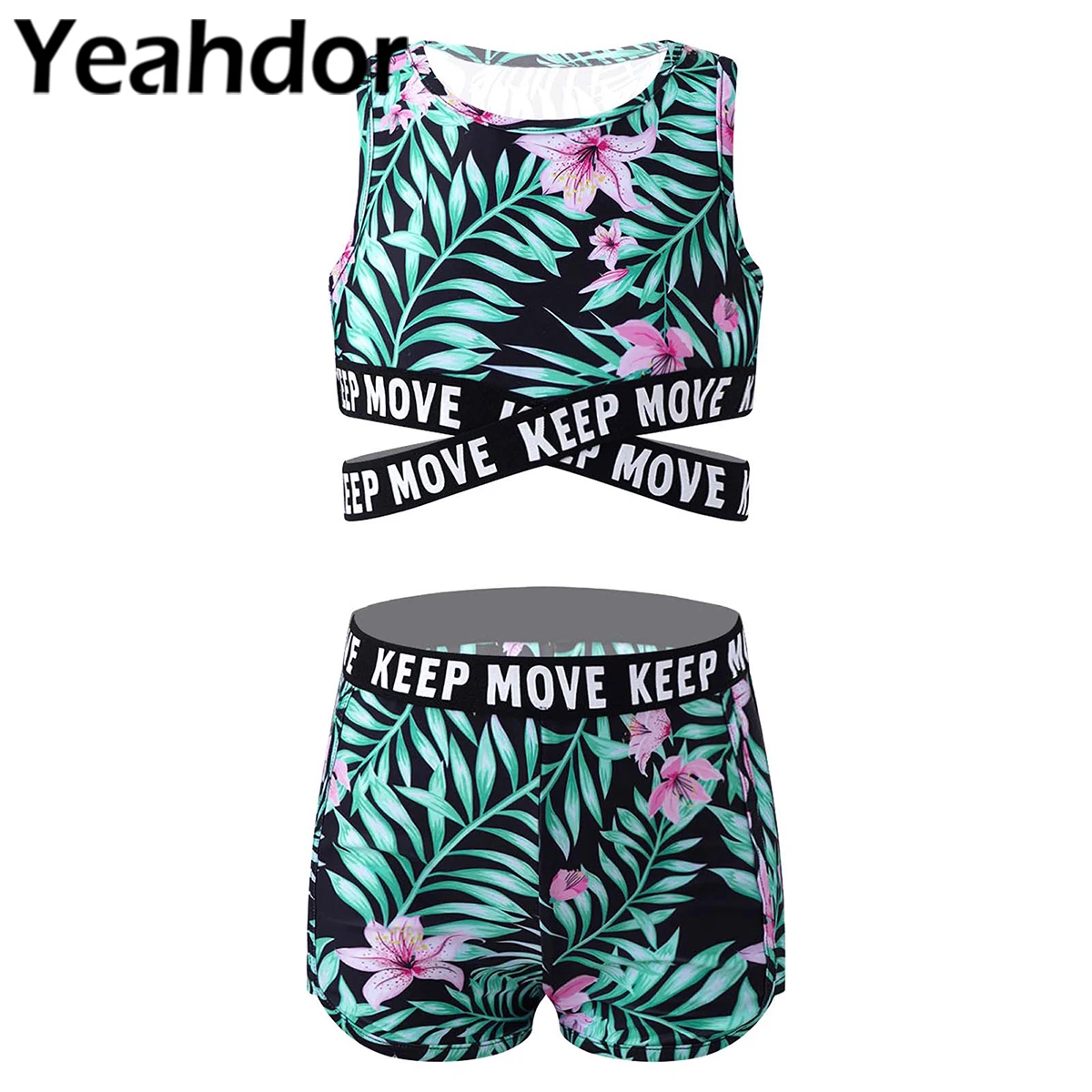 2Pcs Kids Girls Summer Swimwear Sleeveless Cross Sash Crop Tops and Shorts Set Beach Pool Swimming Bathing Rashguard Suit Outfit