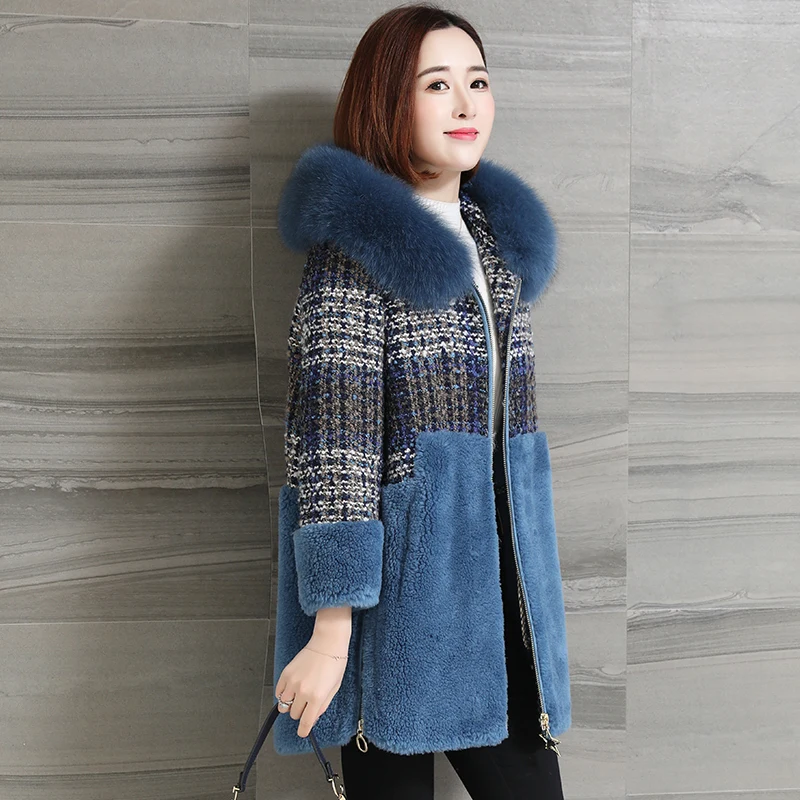 2019 Winter Coat Women Real Fur Coat Female Fox Fur Collar Sheep Shearling Jacket Long Tweed Coats Manteau Femme MY4413