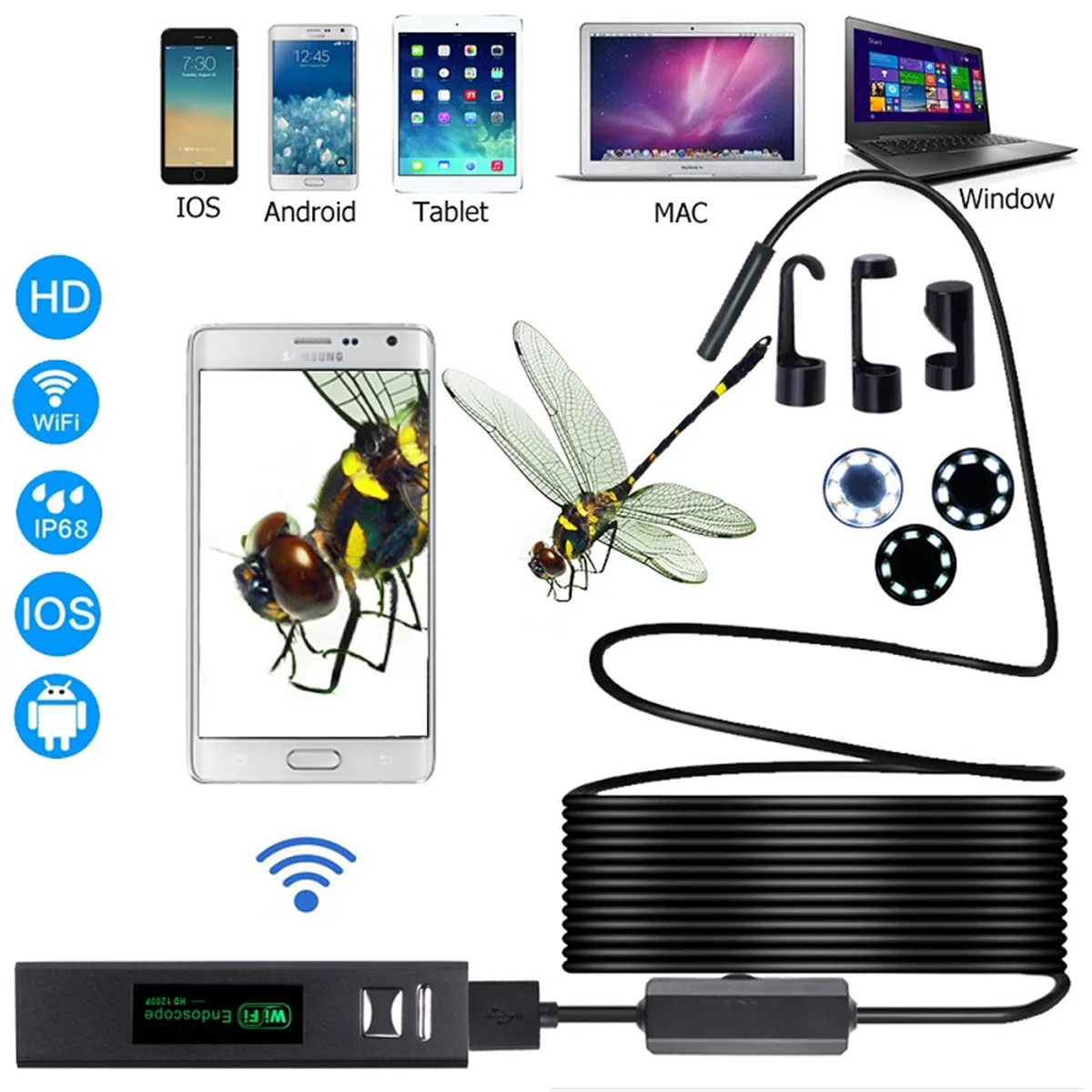 2MP 1200P 3in1 USB/WIFI  Endoscope Inspection Industrial CMOS Borescope Digital Microscope Otoscope