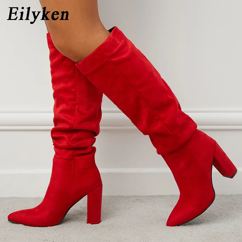 Eilyken Winter Women Pointed Toe Folds Flock Warm Knee-High Boot  Fashion Concise Ladies Office High Heels Shoes