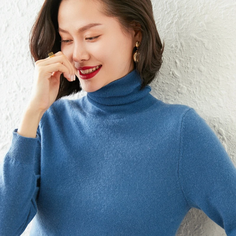 Women 100% Pure Goat Cashmere Knitting Pullovers 23Colors Turtleneck Soft Warm Sweater Top Grade Standard Clothes Ladies Tops