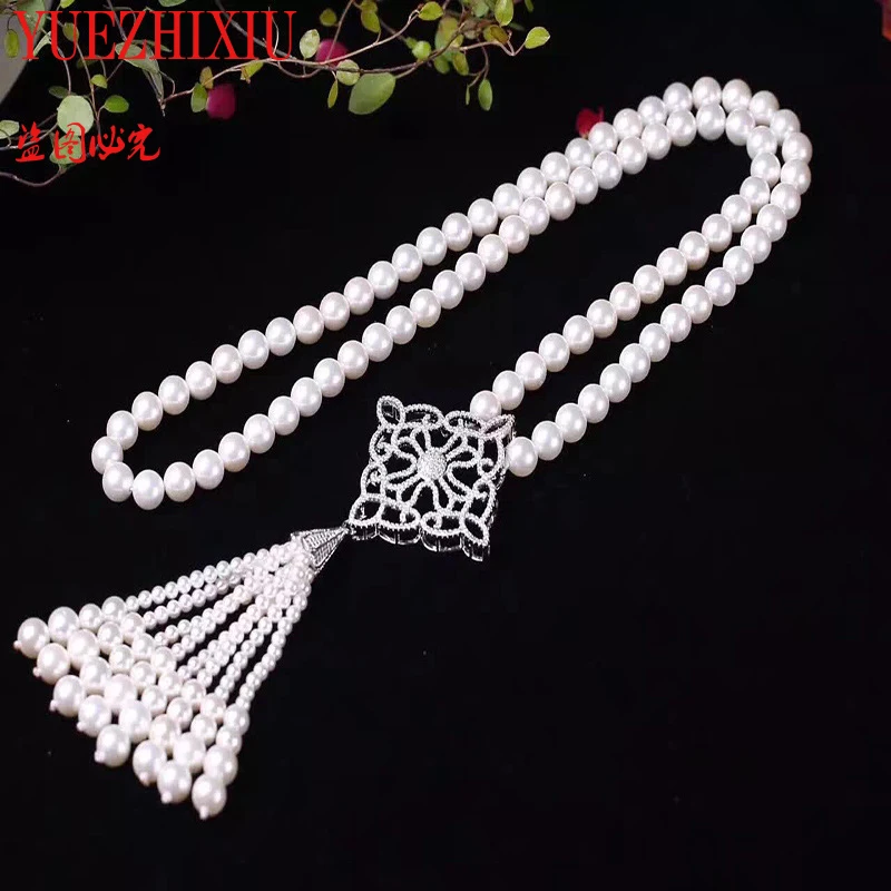 Fashionable original design 8MM Shell Bead round bead with inlay zircon tassel sweater chain 32INCH