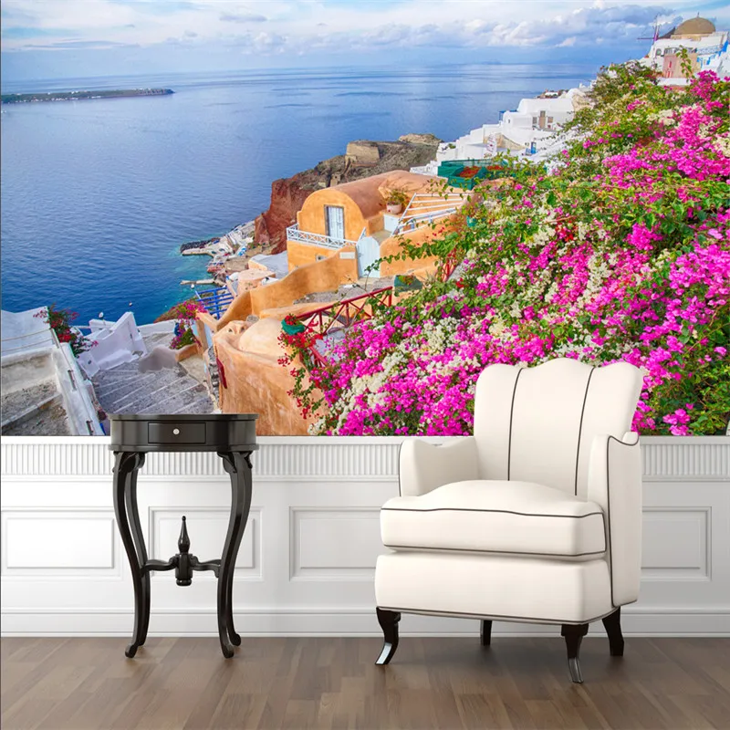 Santorini Eiland Griekenland Heldere Gekleurde Bloemen Foto Wallpapers Voor Woonkamer Mediterrane Muurschildering 3D Muur Papers Home Decor