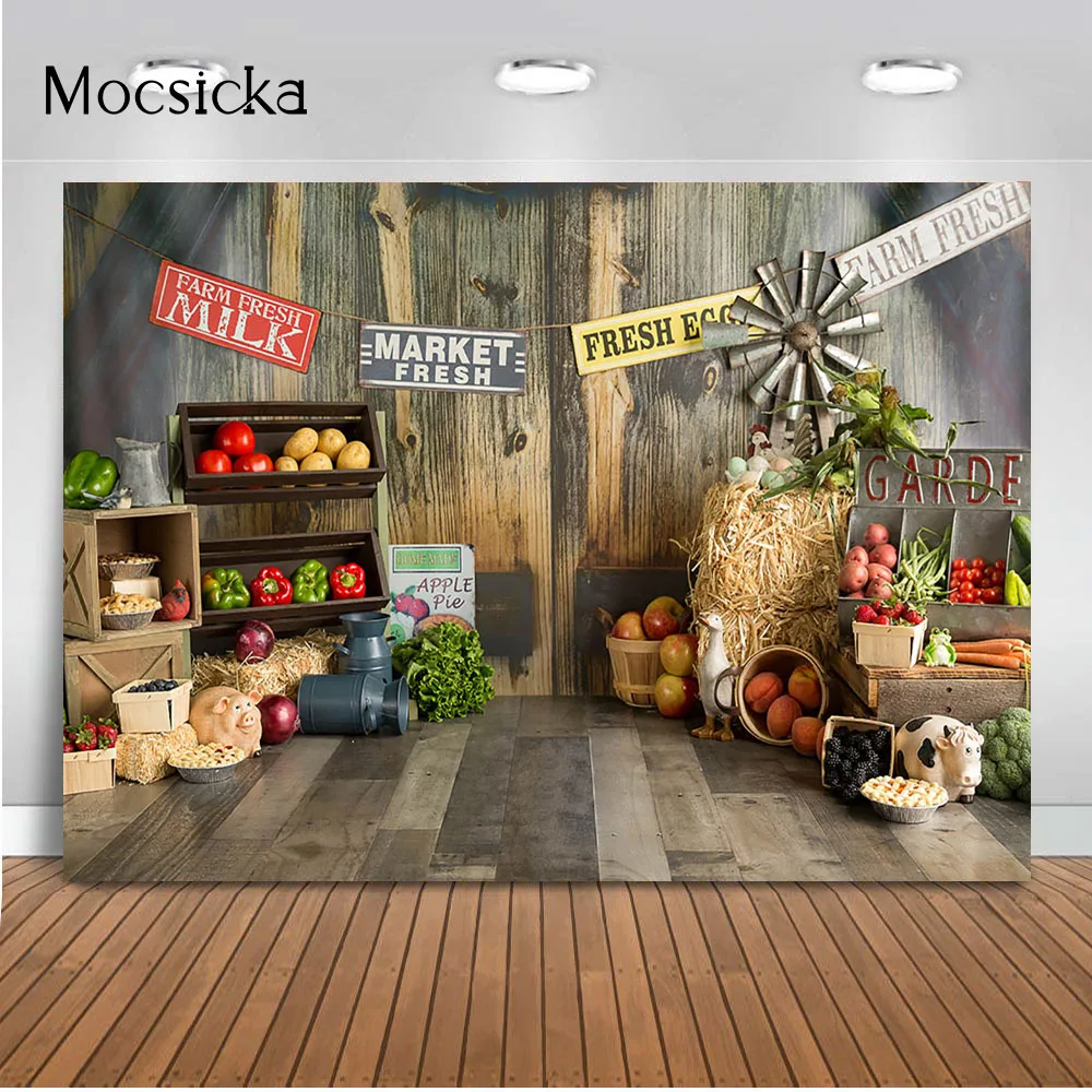 Farm warehouse rustic wood newborn birthday portrait photo background vegetables fruit children baby birthday party decoration