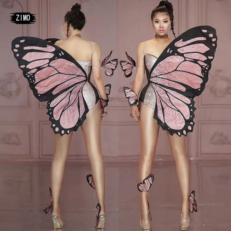 Custom festival fairy butterfly bodysuit wings rave accessories rhinestone dance clothes stage birthday party nightclub cosplay