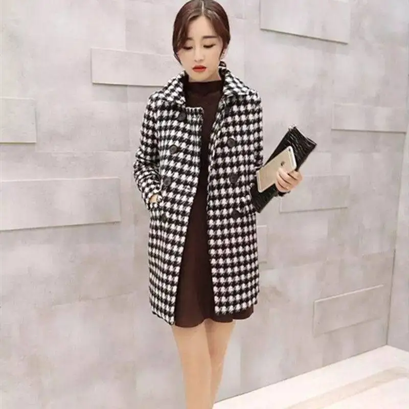 

Fashion Plaid Jacket Women's Woolen Coat New 2024 Autumn Double-Breasted Mid-Length Black And White Houndstooth Coat Outerwear