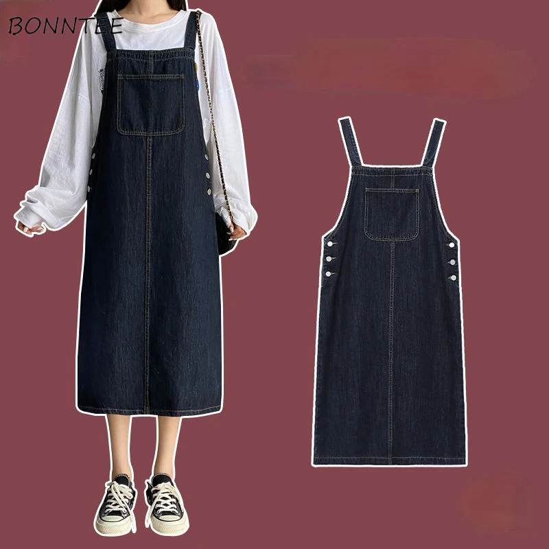 

Denim Dresses Women Vintage Pockets Mid-Calf Casual Straight Solid Summer 2021 Young Style Fashionable Trendy All-match Vestido