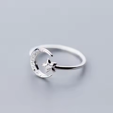Real 925 Sterling Silver Minimalist Zircon Moon Star Opening Ring For Charming Women Party Fine Jewelry Cute 2019 Gift