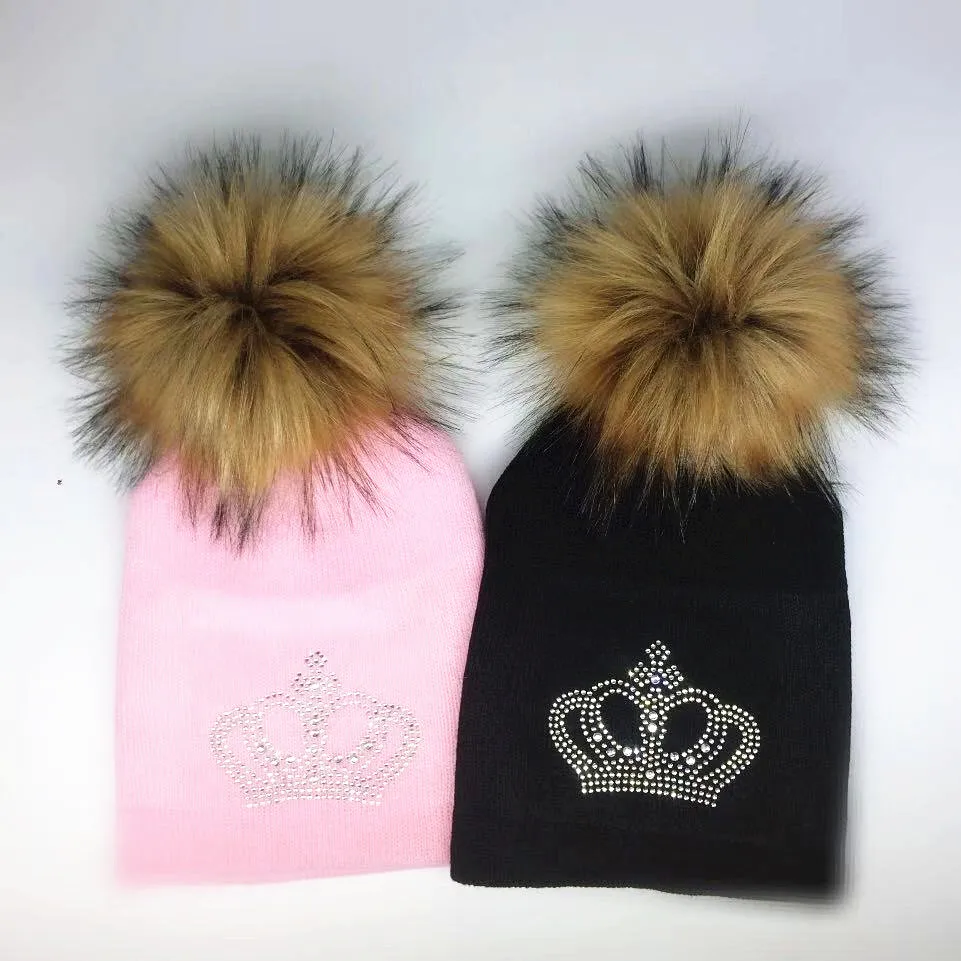 diamond embroidery baby knitted Warm Winter Wool  hat cap girl boy kids faux fur pompom children crown beanies casual skullies