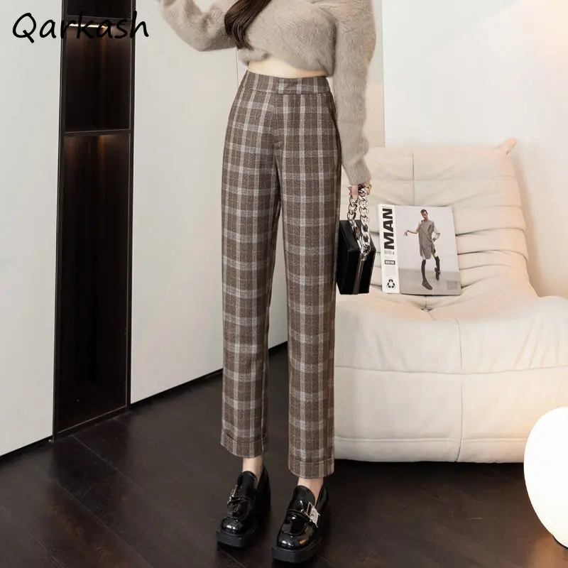 

Pants Women Plaid Ankle Length High Waist Autumn Vintage Classic Femme Leisure Bottom All-match Mujer College Ins Harajuku Soft