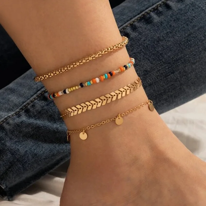 

Bohemian Gemstone Beads Anklet Alloy Chians Arrows Pendant Multilayer Anklets 3-piece Set Women Foot Ornament Jewelry Gift