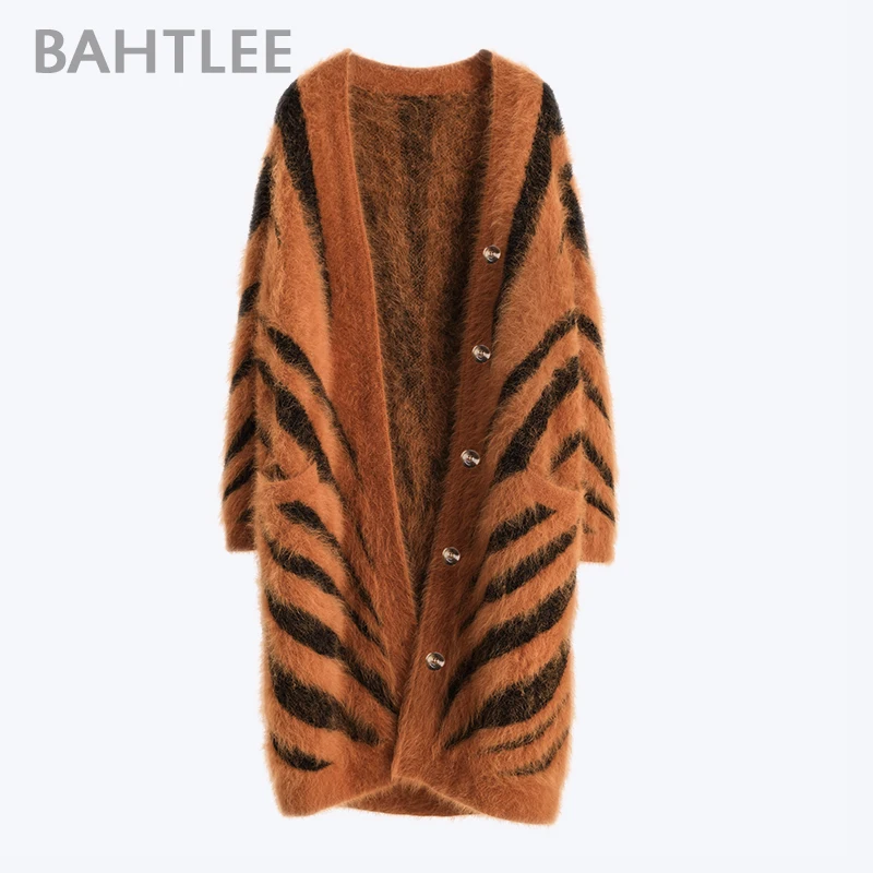 BAHTLEE-Women\'s Long Cardigans, Angora,Tiger Stripe, Leopard Pattern, Wool Knitted Coat, Open Stitch Jumper, Winter