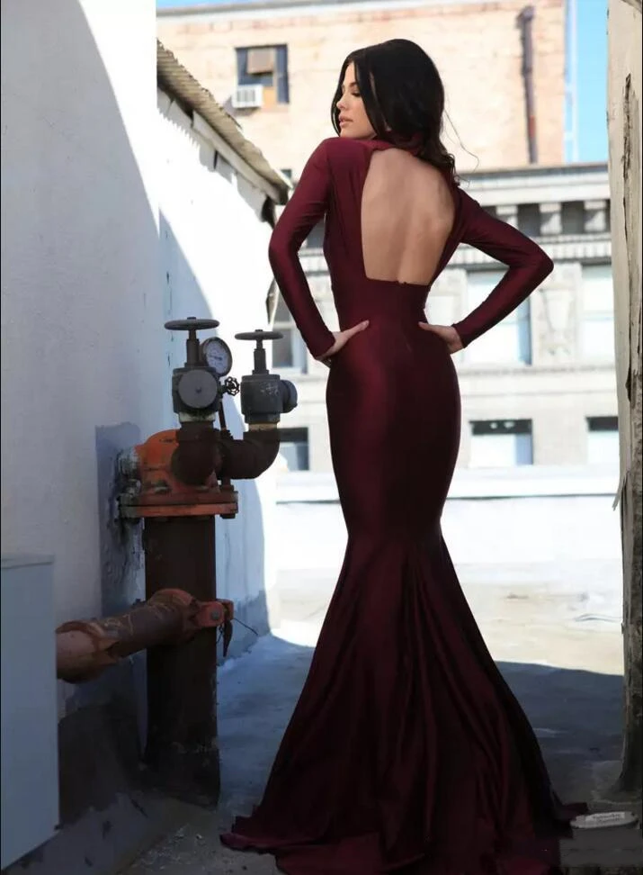 Robe de soirée longue en Satin bordeaux, col haut, Sexy, manches longues, dos nu, tenue de spectacle