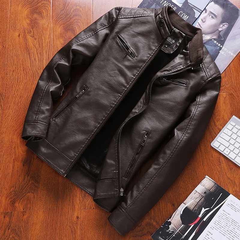 Autumn Streetwear Moto Leather Jacket Men Black Brown Mens Real PU Leather Casaco Slim Fit Jaqueta Couro Masculina W1326