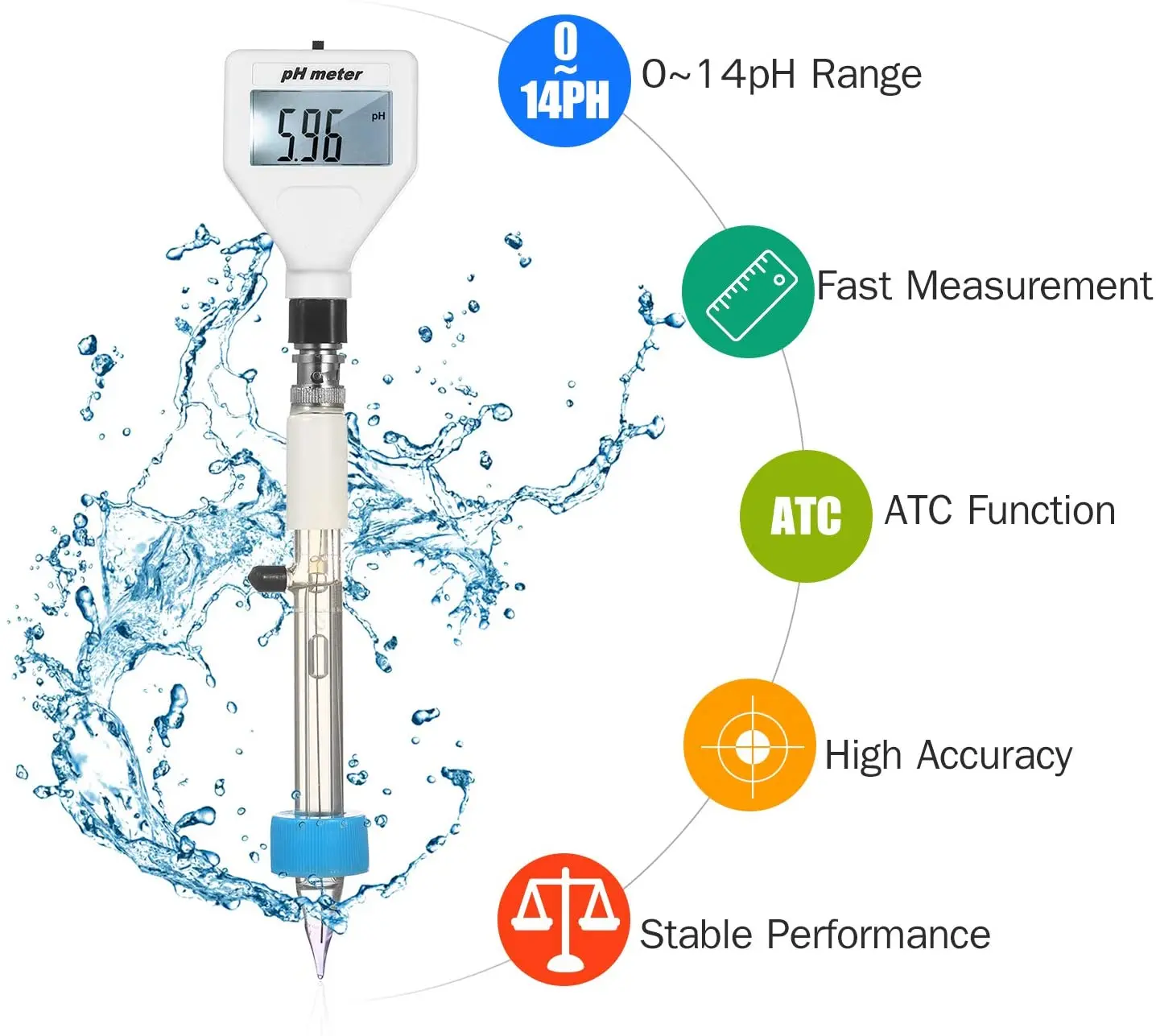 PH-98211 pH Meter Sharp Glass Electrode for Water Food Meat Cheese Milk Soil Bread Aquaculture Hydroponics pH Test 0.00~14.00pH