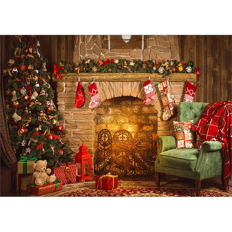 Funnytree Christmas Background New Year Fireplace Gift Tree Backdrop Winter Decor Photography Baby Light Photo Studio Photophone