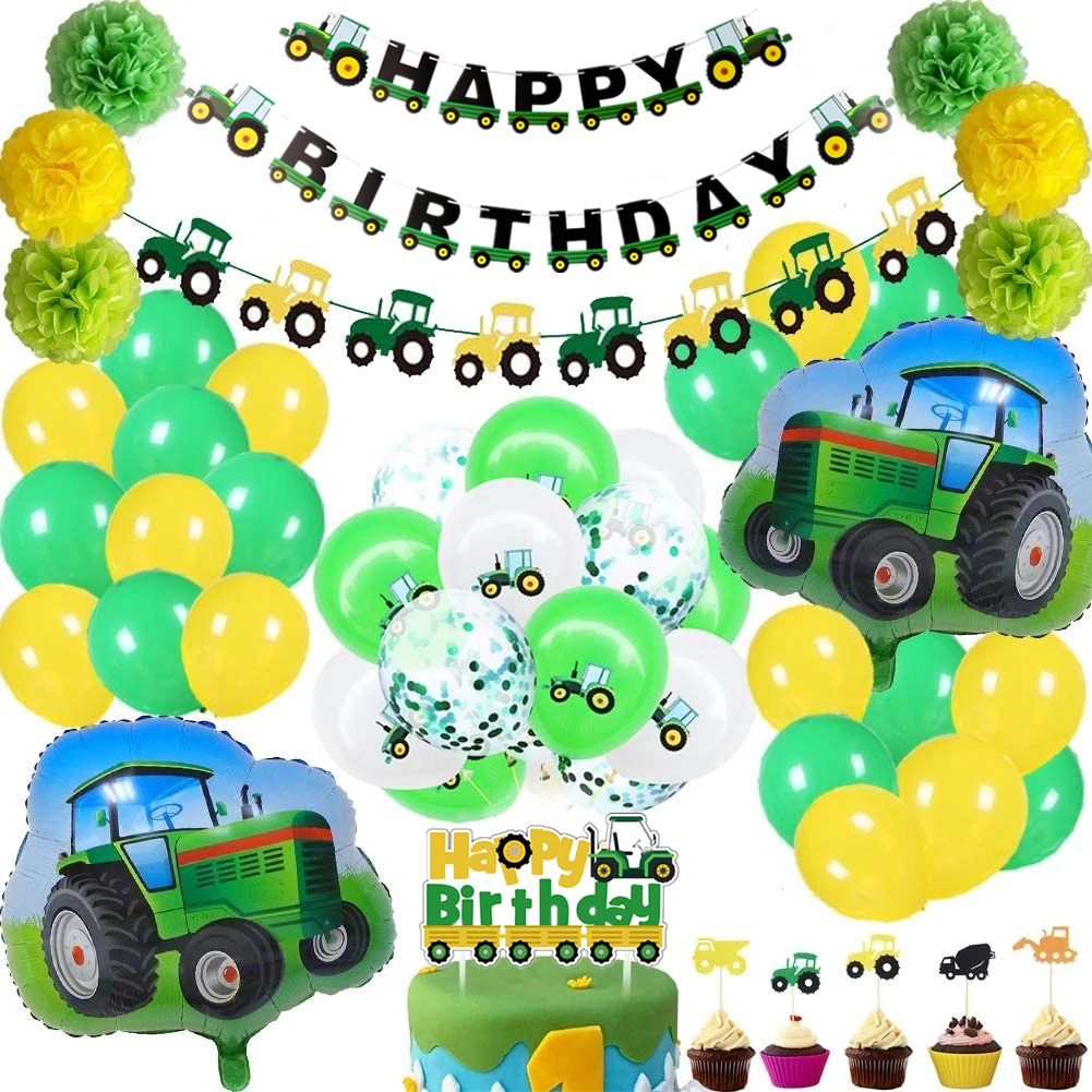 Green Farm Tractor Theme Party Decoration Excavator Vehicle Happy Birthday Banner Garland Cupcake Topper 1st 2 Party Decoration