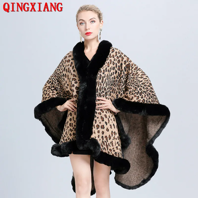 New Fashion Winter Leopard Cloak Warm Thick Coat Plus Size Poncho Women Faux Fur Collar Cape Big Pendulum Outside Streetwear