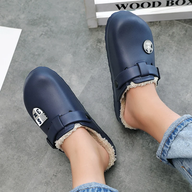 NEW Winter Men Waterproof Mule Clogs PU Warm Fluffy Cotton Indoor Shoes Buckle Slides Footwear Home Slippers  Plus Size 40-45